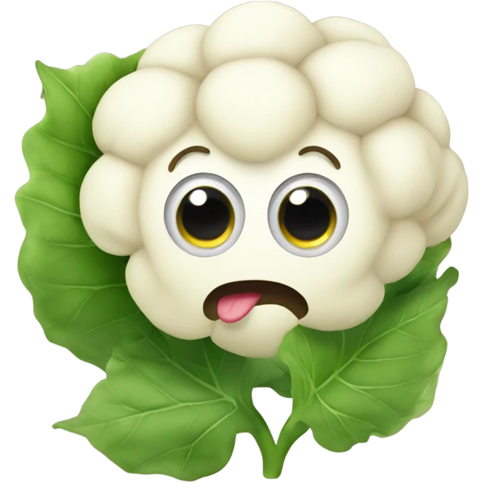 Cauliflower with cute big eyes holding a mirror, surrounded by leaves. emoji