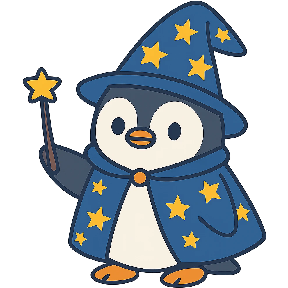 flat toon style penguin wizard with starry hat emoji