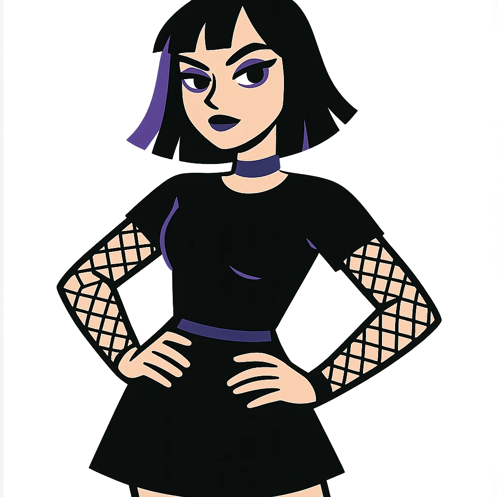 goth girl, pale skin, black hair, purple highlights, fishnet sleeves, confident pose, vibrant toon style emoji