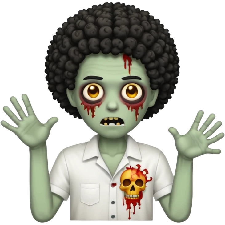Make a image of a zombie with a curly temp fade Afro  make it like a emoticon not as scary make hair black and with a white shirt on emoji