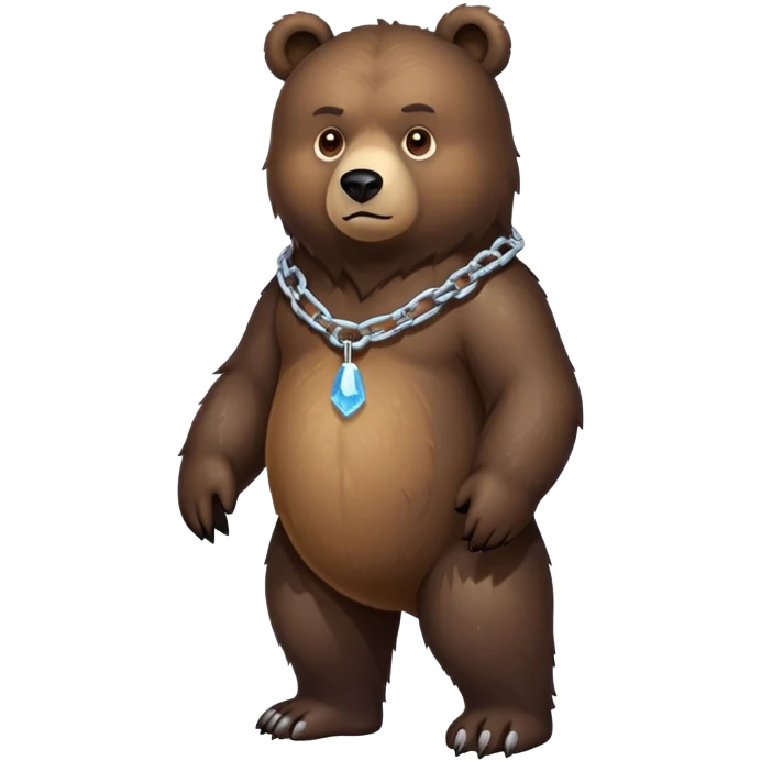 Very dark brown bear in full body view on all four legs, highly realistic fur texture, serious expression, full-length view with ice chain around neck emoji