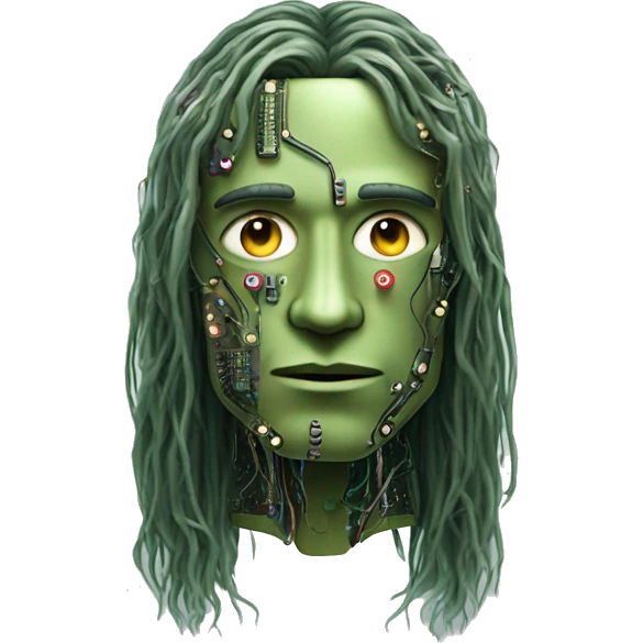 Olive green long hair man cyborg head with circuits emoji