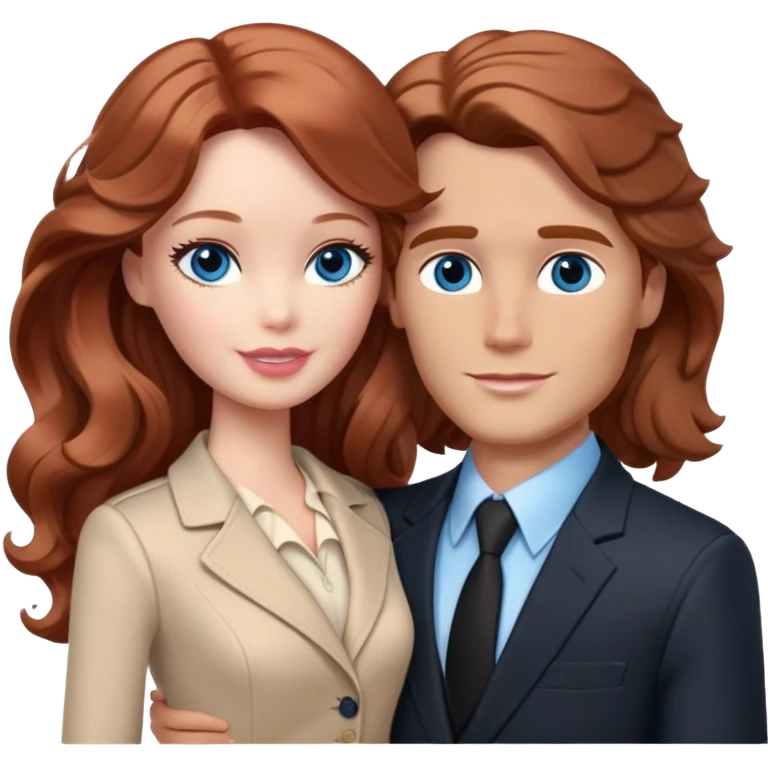 Barbie girl  , eyes blue , Chestnut red long wavy hair In pale beige clothes, Hugs a man with brown hair, brown eyes , and a black suit emoji