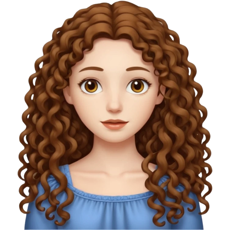 pale woman with brown curly very long hair, middle part. the hair is very very very very very very long, waist length, but you can't see her waist emoji