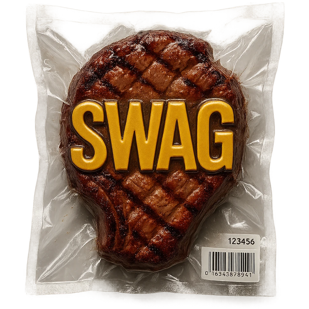 grilled steak with bold gold 'SWAG' letters, glossy vacuum-sealed style emoji