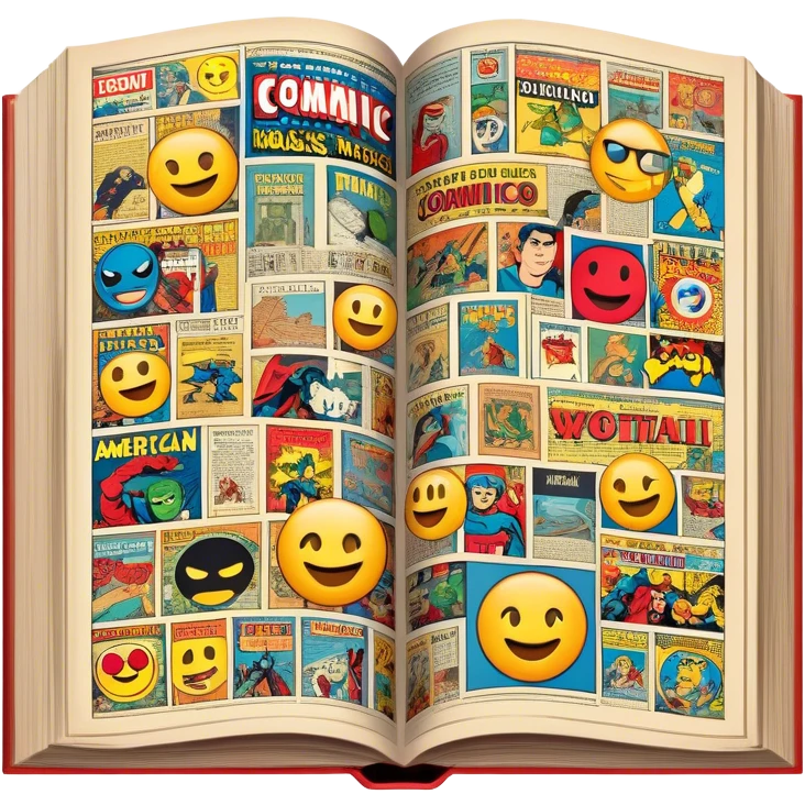 detailed and vintage-inspired emoji representing comic magazines and graphic novels as a storytelling art form. a large, open comic magazine with pages filled with classic American comic book panels. classic feel of old-school comic books a graphic novel. background transparent emoji