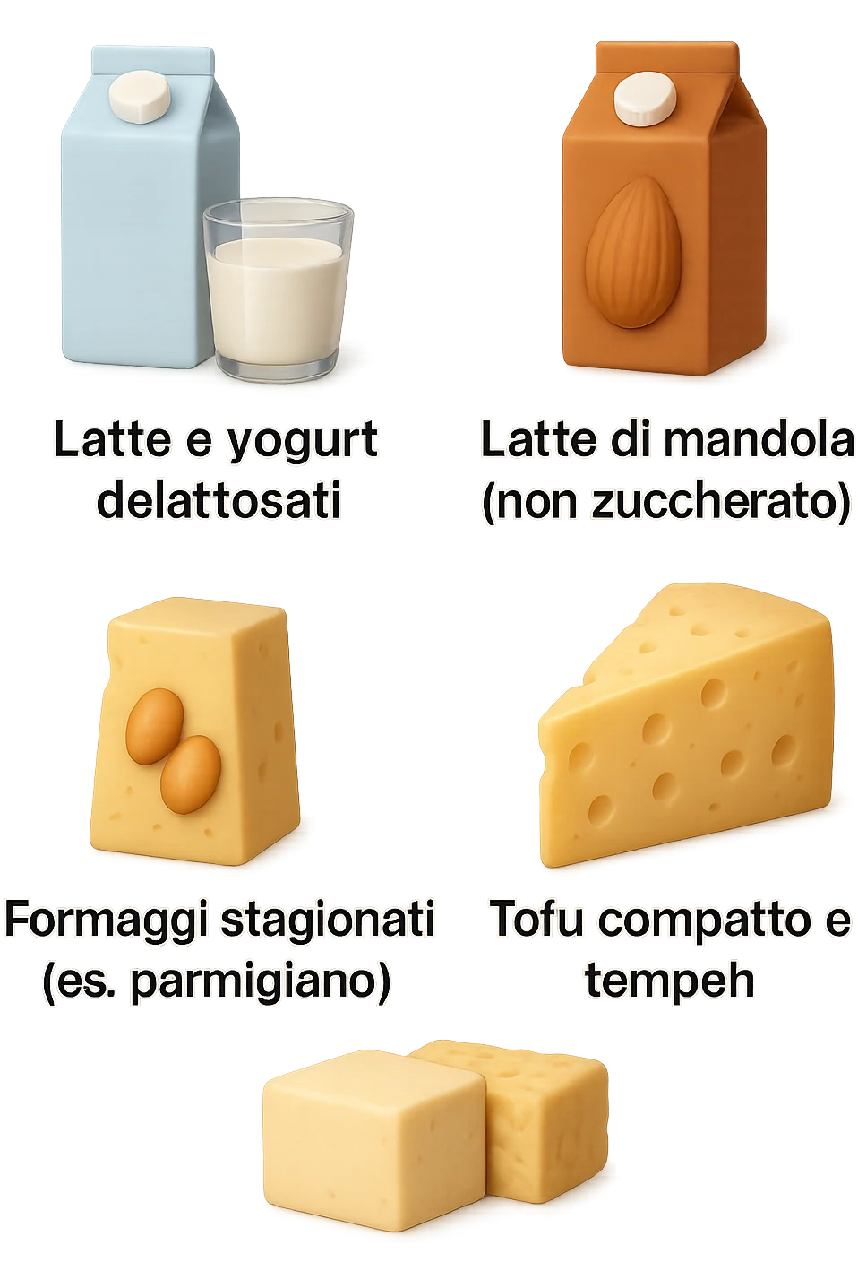 emoji stile iphone 3d di questi elementi che fluttuano in aria:

Latte e yogurt delattosati
Latte di mandorla (non zuccherato)
Latte di soia da proteine isolate
Formaggi stagionati (es. parmigiano)
Tofu compatto e tempeh
 che fluttuano in aria,  le etichette scrivile in italiano, iperealistico 4k emoji