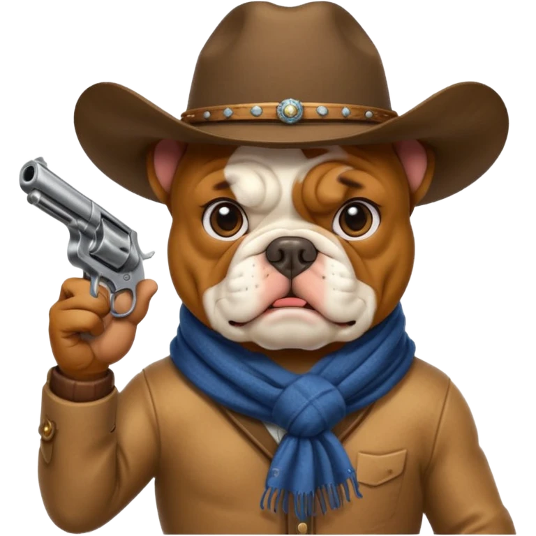 A bulldog wearing a cowboy hat, covering his face with a scarf so he wouldn't be recognized, pointing a revolver at you, telling you to hand over your money. emoji