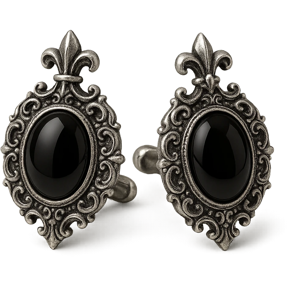 Aristocrat goth cufflinks, silver, black onyx, ornate design emoji
