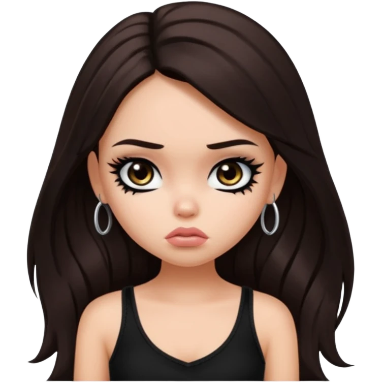 generate a pretty fair bratz girl with long dark brown hair looking sad. Wearing a black cami emoji