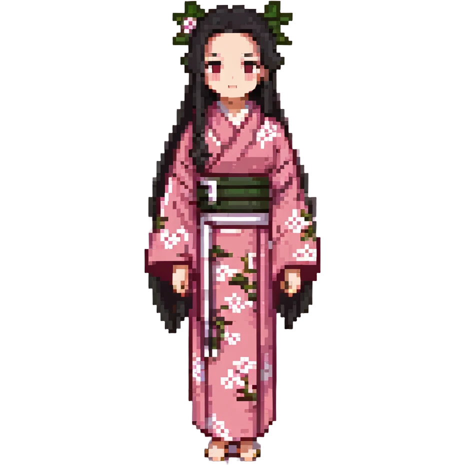 Nezuko Kamado from Demon Slayer, pixel art style, pink kimono, bamboo muzzle, long black hair with orange tips, simplified details emoji