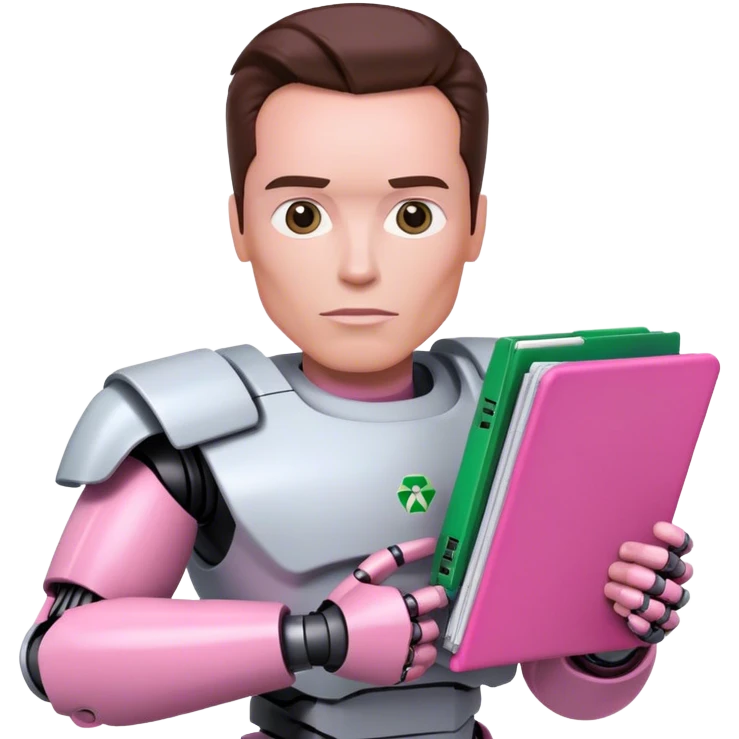 schwarzenegger-looking half robotic half human pink terminator holding microsoft excel pink folder emoji