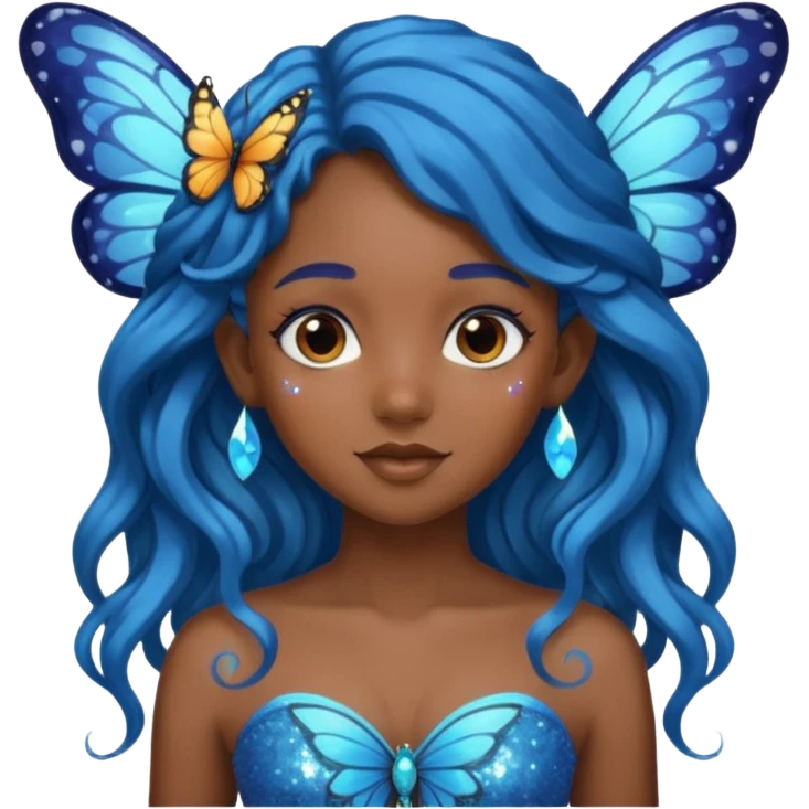 Black girl fairy with long wavy blue hair butterfly wings sparkly emoji