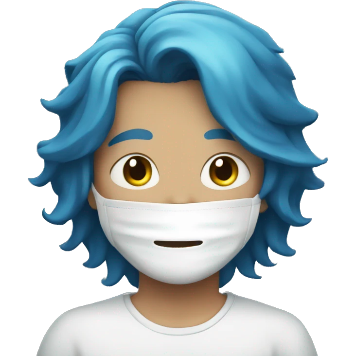 A boy with blue hair long hair and a white mask emoji