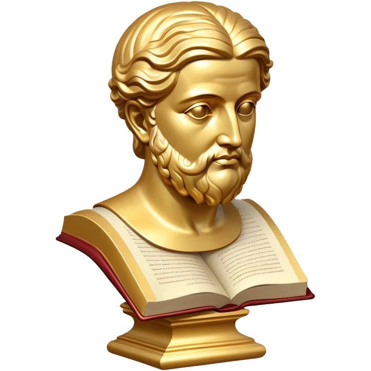 An icon featuring a classical bust, a book of philosophy, symbolizing the study of philosophy. The design includes an abstract symbol of thought and reasoning, representing deep intellectual inquiry and exploration of ideas. Transparent background emoji