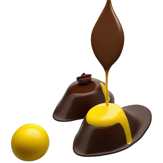 1 Chocolate quenelle and 1 vanilla quenelle on a fine dining glass plate with 3 small drops of yellow sauce as decoration emoji