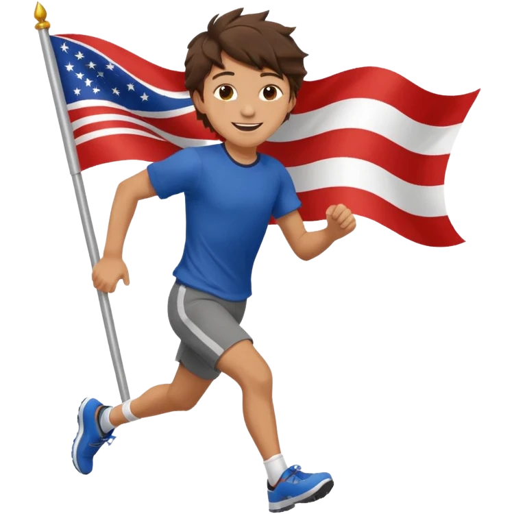 A teen boy with messy brunette hair, running with a fluttering flag behind him. emoji