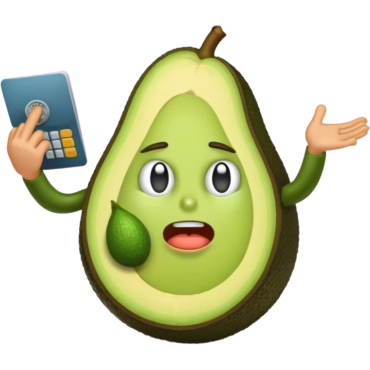 Emoji of a stressed-out avocado 🥑 trying to pay online bills with tiny arms. emoji