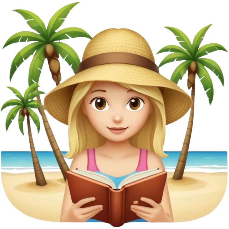Blonde girl chilling beach palms reads books emoji