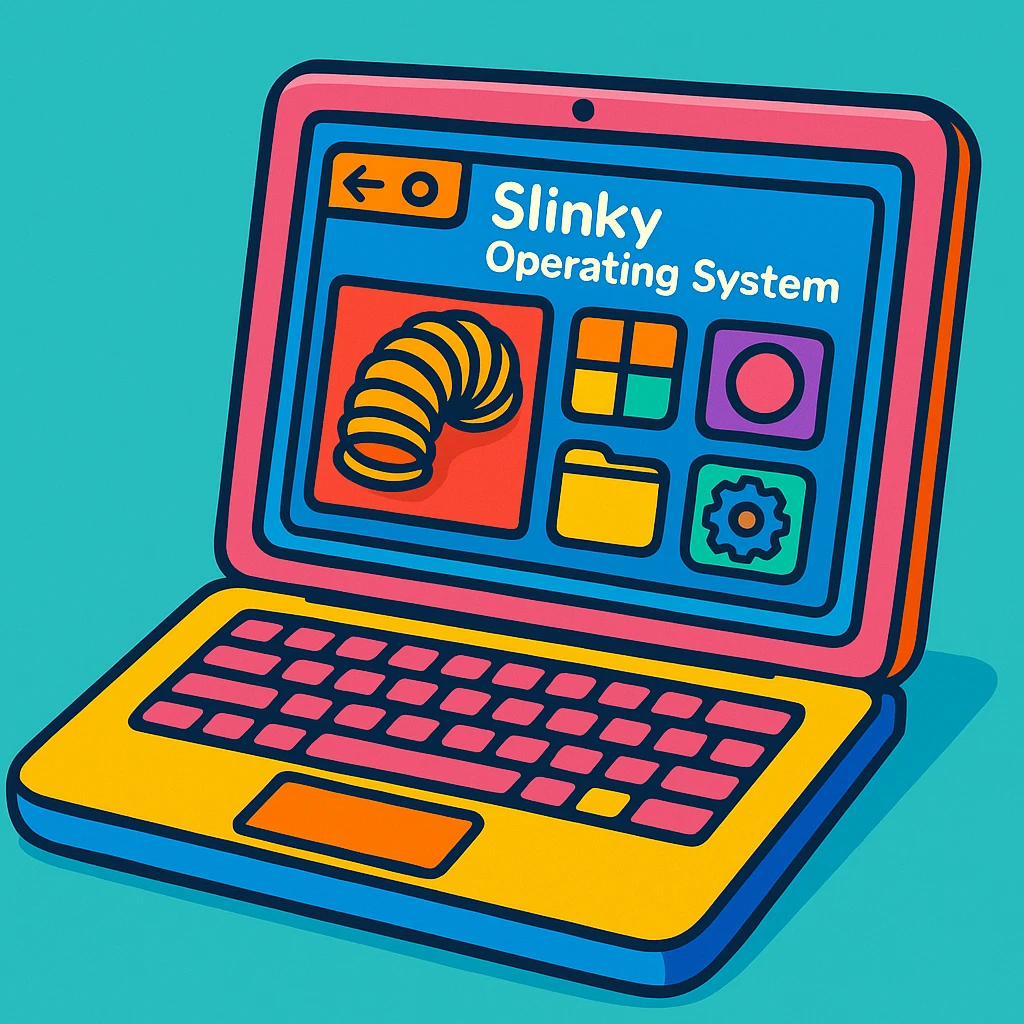 modern laptop displaying Slinky Operating System, fun and colorful emoji