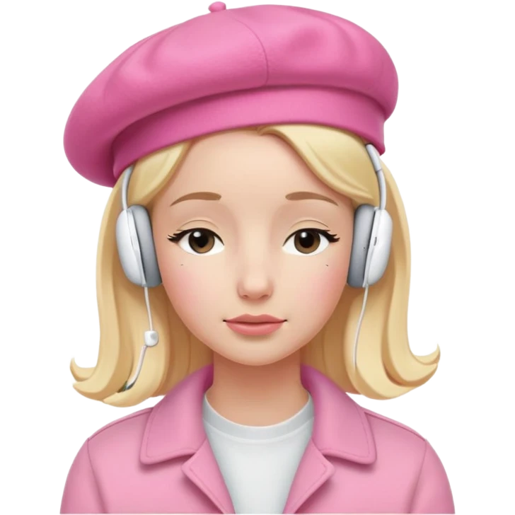 blonde American girl wearing a pink beret and AirPods Max headphones, listening to music with closed eyes emoji