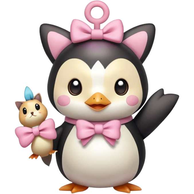 pinguin holding meow pokemon with pink bow emoji