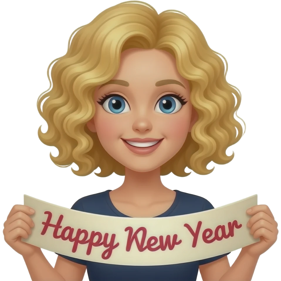 blonde tight curly hair in a short bob with Happy New Year banner with fireworks around emoji