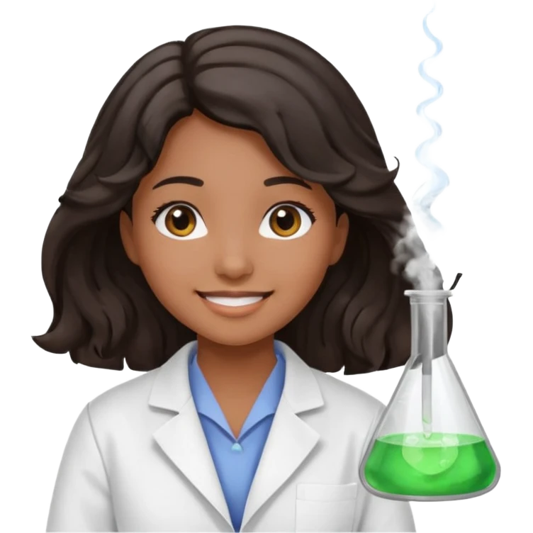Una chica de laboratorio clínico químico con ojos negro cabello oscuro ondulado raya en medio tez media con bata de científica emoji