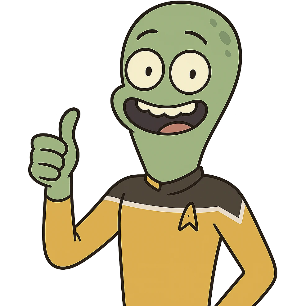 cheerful alien giving thumbs up in a crew uniform, flat toon cartoon style emoji