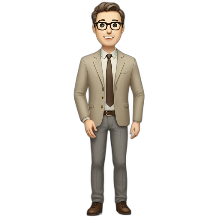 Full height Actively Gesturing Pale skinned fit man with dark brown hair in gray jacket, beige office shirt, brown tie, brown pants and vintage glasses. emoji