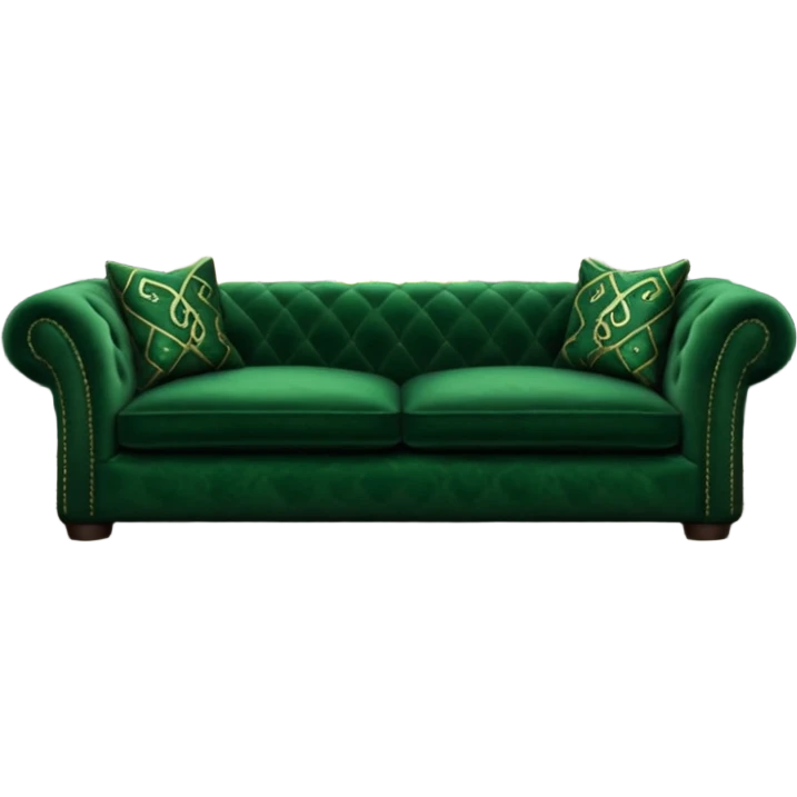 emerald green sofa by a stone fireplace, Slytherin common room, subtle snake motifs emoji