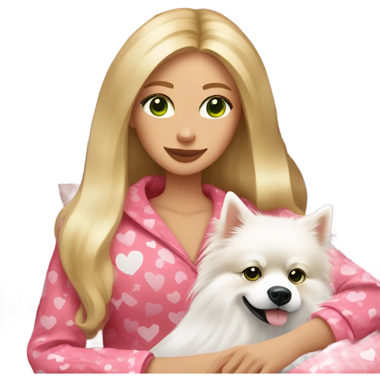 Woman, long length blonder hair, give her pretty green colored eyes, wearing red and pink hearts design on pajamas, lounging on a cozy couch with white fluffy pomeranian dog emoji