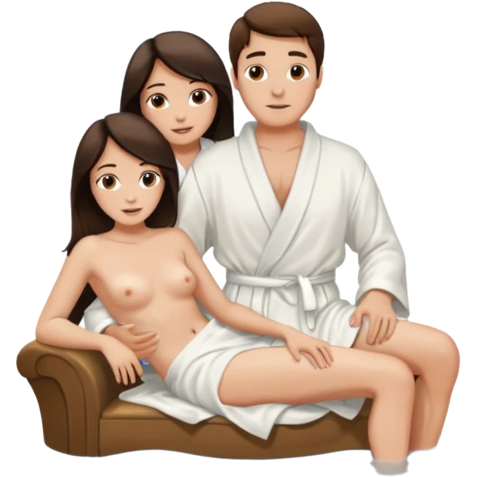 Hot brunette female with a naked man over her knee soaking him emoji