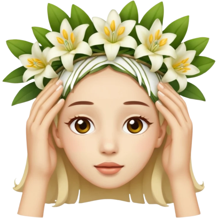 Emoji Face upside down 🙃, with a flower crown on his head, a crown of small white and yellow lilies emoji