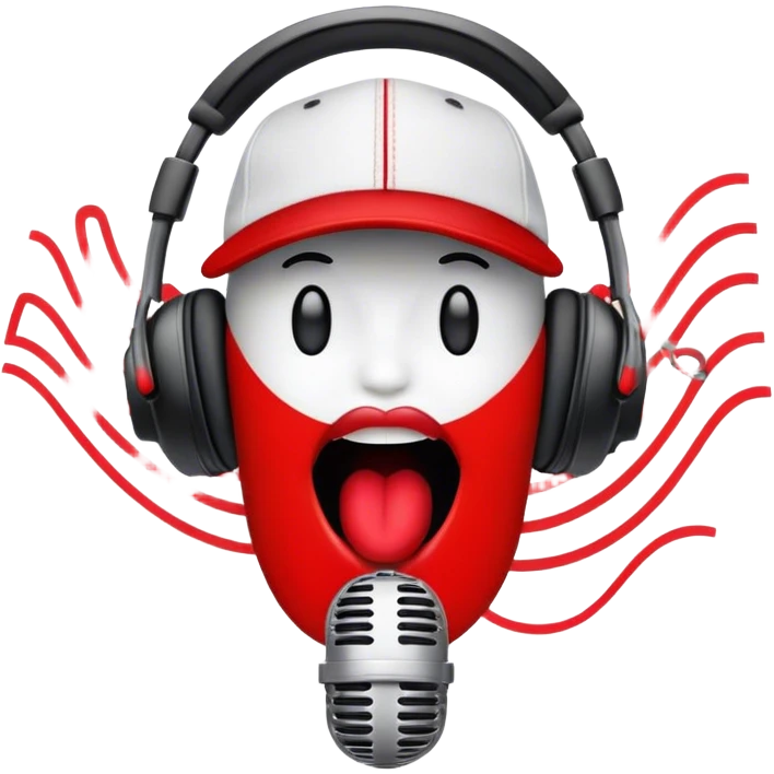 Create a dynamic and energetic emoji that represents beatboxing. The design should feature a stylized microphone with lips and baseball cap on it, sound waves emanating from it , symbolizing vocal percussion and rhythm. Add elements like headphones or a subtle speaker to emphasize the music production aspect. Use bold colors like black, white, and red to convey the intensity and creativity of beatboxing. The background should be transparent. emoji