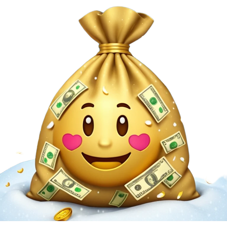 3D emoji style, money bag with dollar bills, New Year theme, snow particles, festive lighting, rich vibe, high detail, transparent background

 emoji