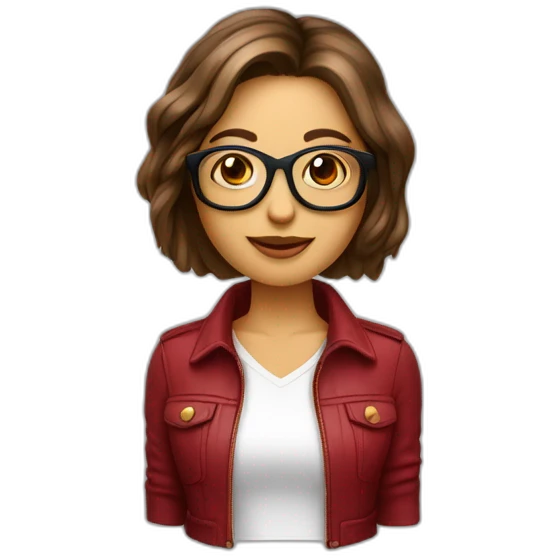 mujer pelo bob castaña con mechas rubias y ojos marrones con gafas color rojo emoji