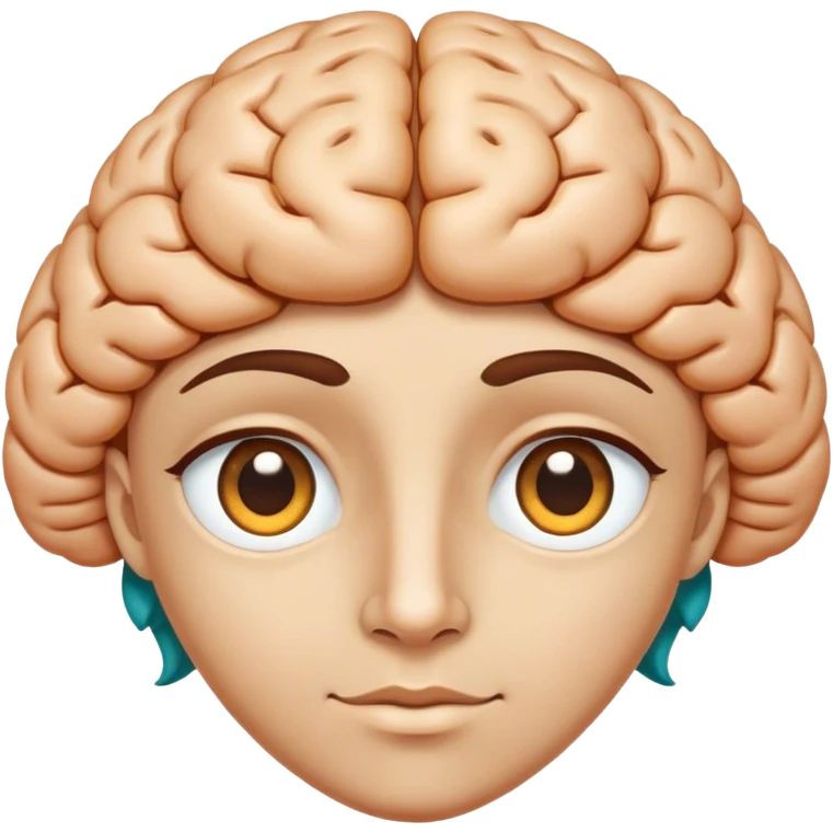 An androgynous face emoji with golden brown eyes and a friendly expression. The hair is replaced with a symmetrically parted teal blue brain emoji