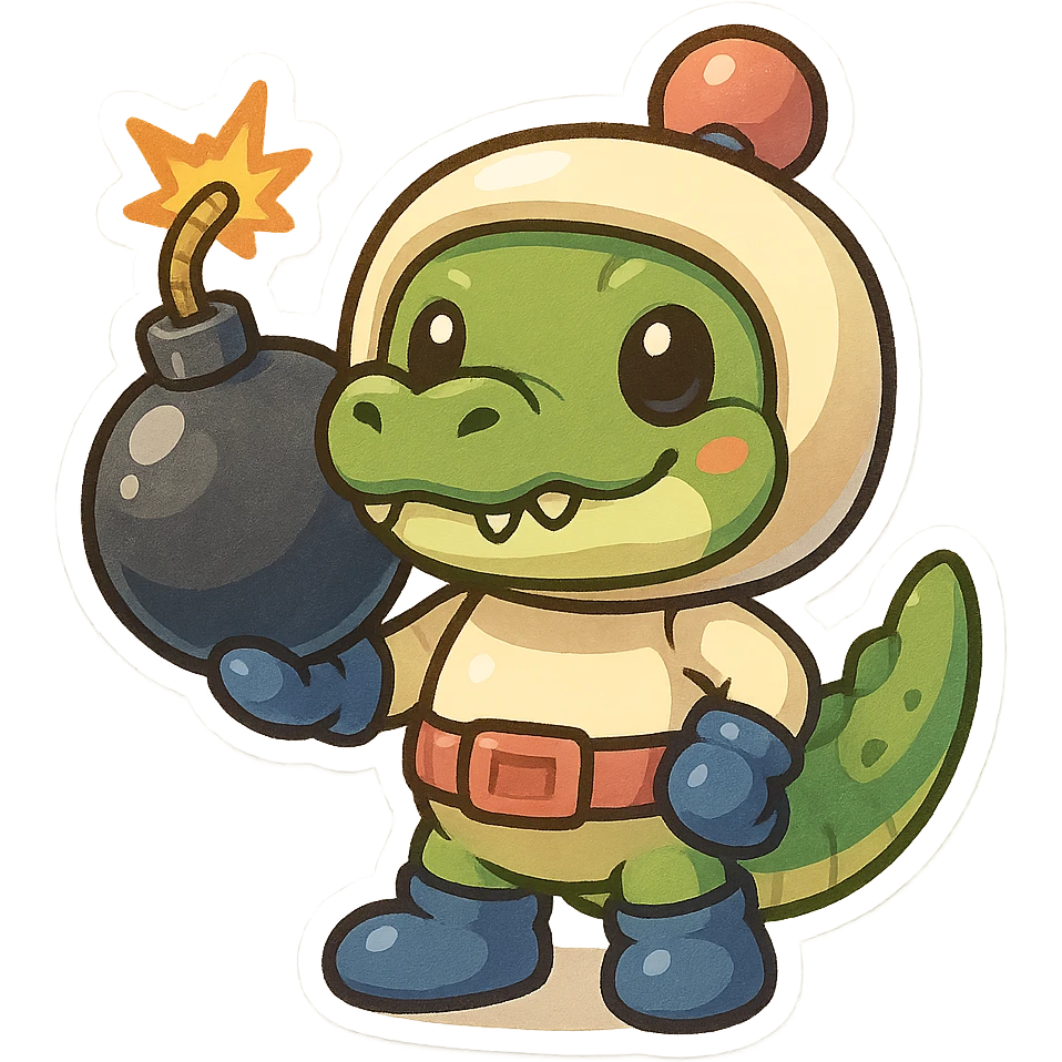 A crocodile dressed as Bomberman, with a round helmet, gloves, and a bomb in hand, in a colorful and fun cartoon style emoji