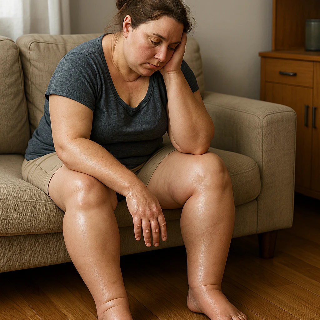 hyperrealistic woman sitting with tired posture, realistic body with swollen and shiny legs and feet, swollen hands, realistic anatomical details, 4K quality, domestic environment emoji