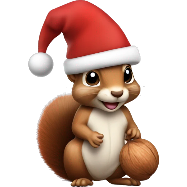 squirrel holding a walnut and wearing a christmas hat emoji