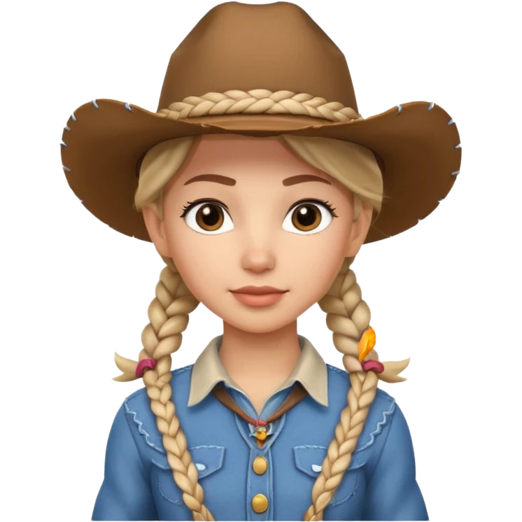 cute cowgirl portrait, head and shoulders only, cowboy hat, braided hair, western outfit collar, confident expression, 3D cartoon, mobile game icon style, clean background, no text, no watermark
 emoji