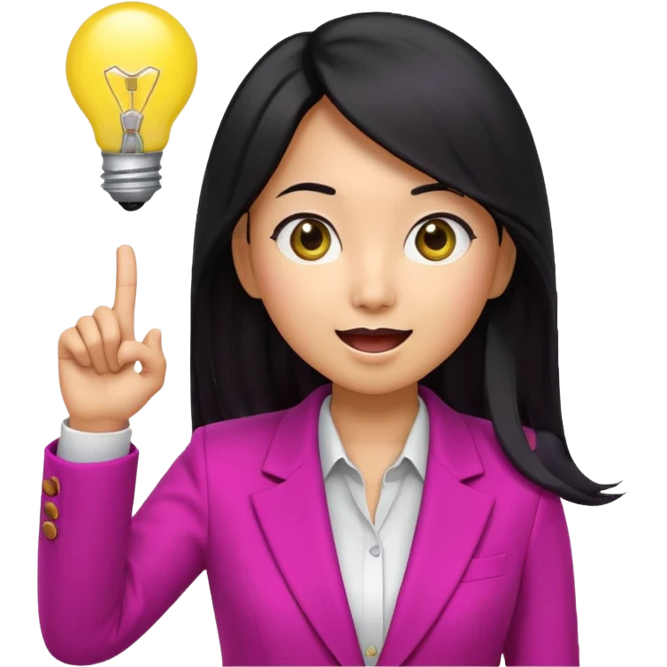 Cute 3D emoji of a Korean woman in a magenta blazer, long black hair and big brown eyes, with a light bulb above her head, excited expression, finger pointing up, solid lemon yellow background. emoji