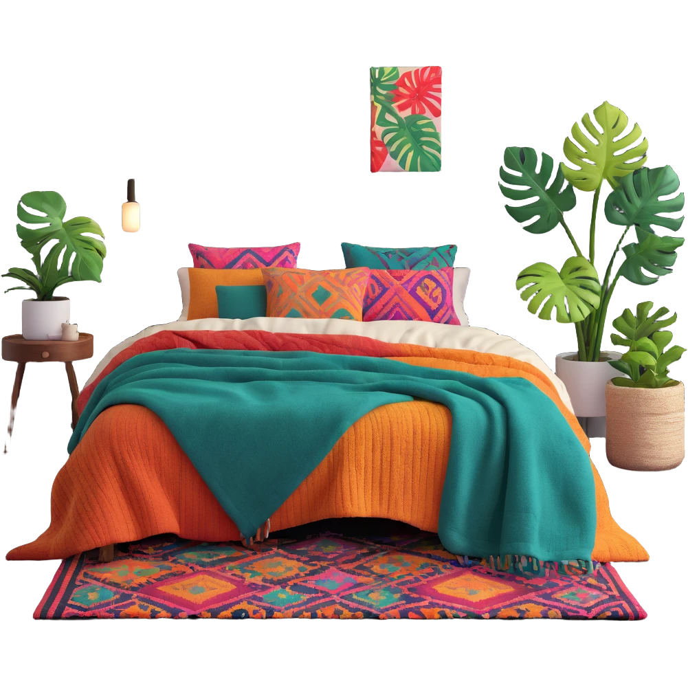 modern boho bedroom with monstera plants, colorful textured rugs, and piles of cozy blankets emoji