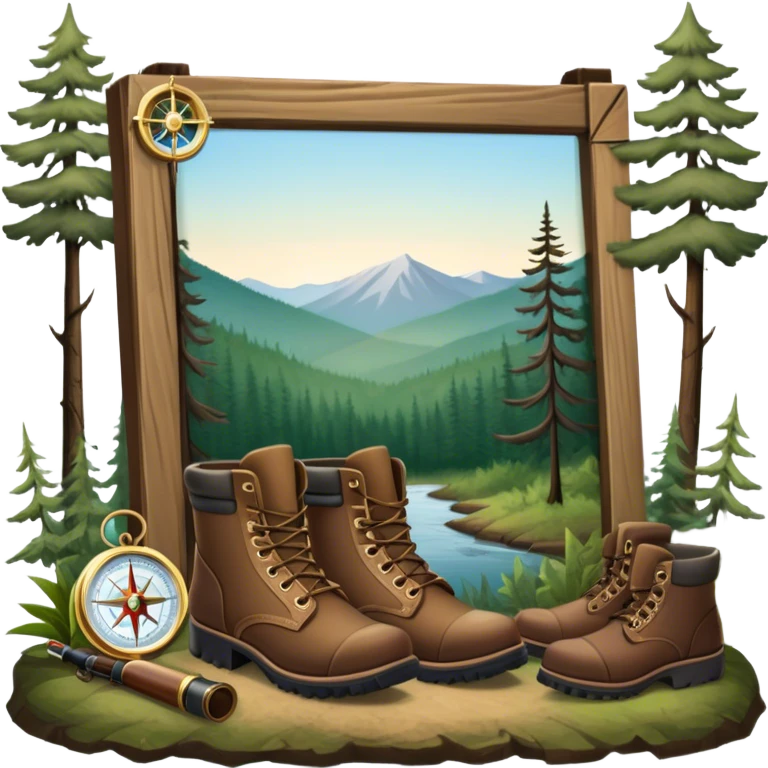 emoji for Hunting Tourism: a rifle, hunting boots, and a compass on a forest background, with a silhouette of wildlife in the distance. The icon should capture the adventure and connection with nature in hunting tourism. Transparent background. emoji