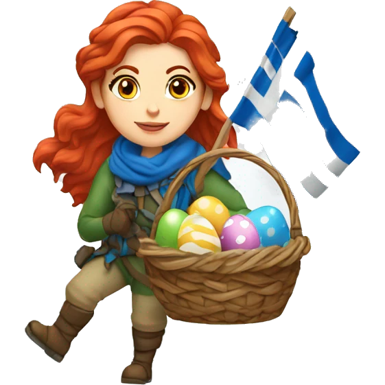 Greek Female winter mountaineer red hair white skin climbing with Greek Flag and Easter eggs basket emoji
