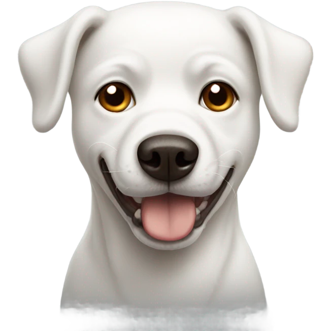 White dog with one eye having brown spot emoji