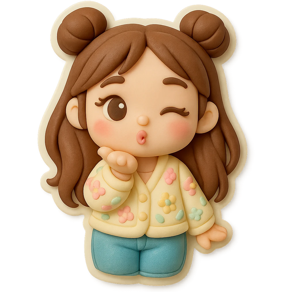 3D chibi fondant cake art style, high-quality rendering with smooth shadows and soft gradients. Girl based on reference image, preserve facial features, long brown hair in two space buns, brown eyes, jeans, pastel floral cardigan, thick white outline like a sticker, transparent background. Blowing a kiss and winking, consistent appearance with previous stickers. emoji