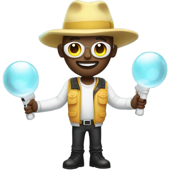 White Guy. glowing outfit and hat. bubble guns in each hand emoji