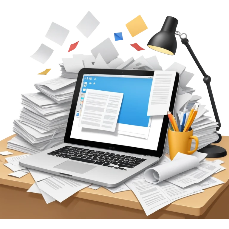 minimalist desk cluttered with papers spilling over, symbolizing overwhelming admin workload emoji